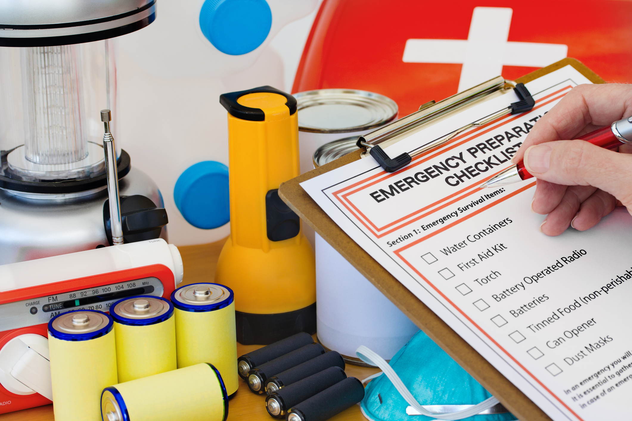 Emergency supplies with emergency checklist clipboard